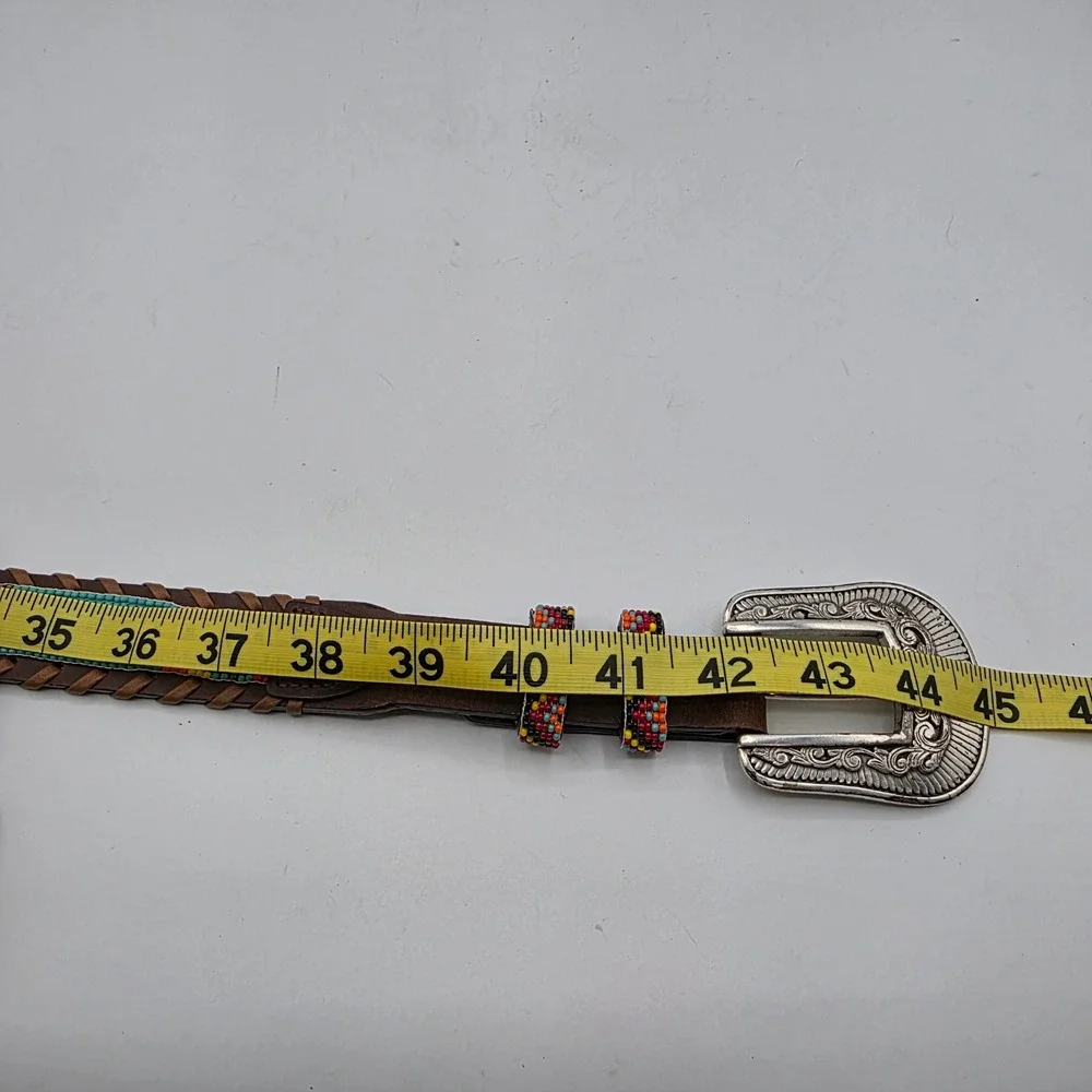 Stump Western Beaded Leather Belt Brown Southwestern Whipstitch‎ Buckle Size 36